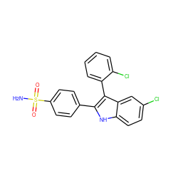 NS(=O)(=O)c1ccc(-c2[nH]c3ccc(Cl)cc3c2-c2ccccc2Cl)cc1 ZINC000013477370