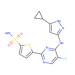 NS(=O)(=O)c1ccc(-c2ncc(F)c(Nc3cc(C4CC4)[nH]n3)n2)s1 ZINC000115371196