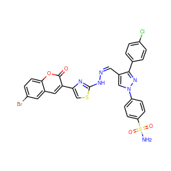 NS(=O)(=O)c1ccc(-n2cc(/C=N\Nc3nc(-c4cc5cc(Br)ccc5oc4=O)cs3)c(-c3ccc(Cl)cc3)n2)cc1 ZINC000653864101