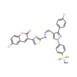 NS(=O)(=O)c1ccc(-n2cc(/C=N\Nc3nc(-c4cc5cc(Cl)ccc5oc4=O)cs3)c(-c3ccc(Cl)cc3)n2)cc1 ZINC000653883163