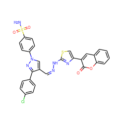 NS(=O)(=O)c1ccc(-n2cc(/C=N\Nc3nc(-c4cc5ccccc5oc4=O)cs3)c(-c3ccc(Cl)cc3)n2)cc1 ZINC000653883209