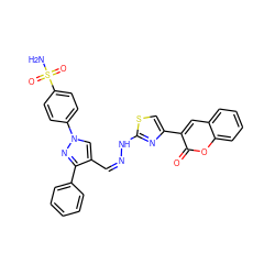 NS(=O)(=O)c1ccc(-n2cc(/C=N\Nc3nc(-c4cc5ccccc5oc4=O)cs3)c(-c3ccccc3)n2)cc1 ZINC000653878453