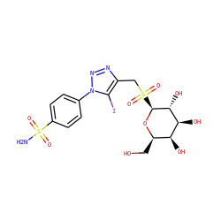 NS(=O)(=O)c1ccc(-n2nnc(CS(=O)(=O)[C@@H]3O[C@H](CO)[C@H](O)[C@H](O)[C@H]3O)c2I)cc1 ZINC000072124645