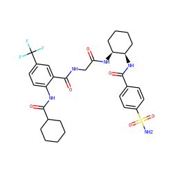 NS(=O)(=O)c1ccc(C(=O)N[C@@H]2CCCC[C@@H]2NC(=O)CNC(=O)c2cc(C(F)(F)F)ccc2NC(=O)C2CCCCC2)cc1 ZINC000029151519