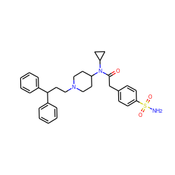 NS(=O)(=O)c1ccc(CC(=O)N(C2CC2)C2CCN(CCC(c3ccccc3)c3ccccc3)CC2)cc1 ZINC000028352441