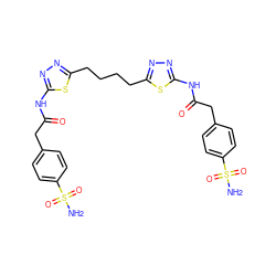 NS(=O)(=O)c1ccc(CC(=O)Nc2nnc(CCCCc3nnc(NC(=O)Cc4ccc(S(N)(=O)=O)cc4)s3)s2)cc1 ZINC000169697984