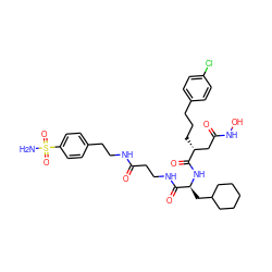 NS(=O)(=O)c1ccc(CCNC(=O)CCNC(=O)[C@H](CC2CCCCC2)NC(=O)[C@H](CCCc2ccc(Cl)cc2)CC(=O)NO)cc1 ZINC000026396946