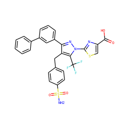 NS(=O)(=O)c1ccc(Cc2c(-c3cccc(-c4ccccc4)c3)nn(-c3nc(C(=O)O)cs3)c2C(F)(F)F)cc1 ZINC001772640840