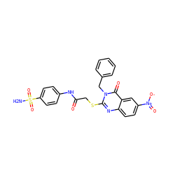 NS(=O)(=O)c1ccc(NC(=O)CSc2nc3ccc([N+](=O)[O-])cc3c(=O)n2Cc2ccccc2)cc1 ZINC000299822135