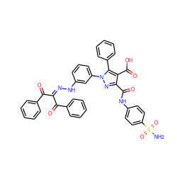 NS(=O)(=O)c1ccc(NC(=O)c2nn(-c3cccc(NN=C(C(=O)c4ccccc4)C(=O)c4ccccc4)c3)c(-c3ccccc3)c2C(=O)O)cc1 ZINC000095595200
