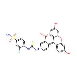 NS(=O)(=O)c1ccc(NC(=S)/N=C2/C=CC(=C3c4ccc(O)cc4Oc4cc(O)ccc43)C(C(=O)O)=C2)c(F)c1 ZINC000028463628