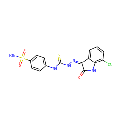 NS(=O)(=O)c1ccc(NC(=S)NN=C2C(=O)Nc3c(Cl)cccc32)cc1 ZINC001772617692