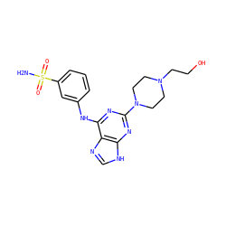 NS(=O)(=O)c1cccc(Nc2nc(N3CCN(CCO)CC3)nc3[nH]cnc23)c1 ZINC000053312833