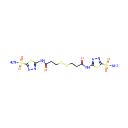 NS(=O)(=O)c1nnc(NC(=O)CCSSCCC(=O)Nc2nnc(S(N)(=O)=O)s2)s1 ZINC000014947482