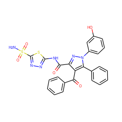 NS(=O)(=O)c1nnc(NC(=O)c2nn(-c3cccc(O)c3)c(-c3ccccc3)c2C(=O)c2ccccc2)s1 ZINC000042875228