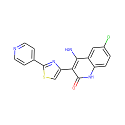 Nc1c(-c2csc(-c3ccncc3)n2)c(=O)[nH]c2ccc(Cl)cc12 ZINC000014974745