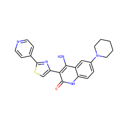 Nc1c(-c2csc(-c3ccncc3)n2)c(=O)[nH]c2ccc(N3CCCCC3)cc12 ZINC000014974748