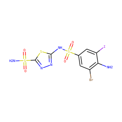 Nc1c(Br)cc(S(=O)(=O)Nc2nnc(S(N)(=O)=O)s2)cc1I ZINC000014948370