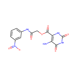 Nc1c(C(=O)OCC(=O)Nc2cccc([N+](=O)[O-])c2)[nH]c(=O)[nH]c1=O ZINC000003434377