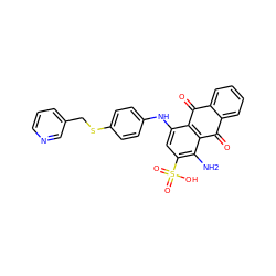 Nc1c(S(=O)(=O)O)cc(Nc2ccc(SCc3cccnc3)cc2)c2c1C(=O)c1ccccc1C2=O ZINC001772626575