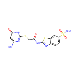 Nc1cc(=O)[nH]c(SCC(=O)Nc2nc3ccc(S(N)(=O)=O)cc3s2)n1 ZINC000473109933