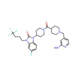 Nc1cc(CN2CCC(C(=O)N3CCC(n4c(=O)n(CCCC(F)(F)F)c5cc(F)ccc54)CC3)CC2)ccn1 ZINC000003928050