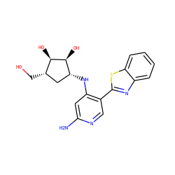 Nc1cc(N[C@@H]2C[C@H](CO)[C@@H](O)[C@H]2O)c(-c2nc3ccccc3s2)cn1 ZINC000207442839