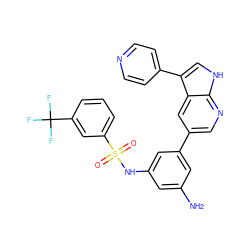 Nc1cc(NS(=O)(=O)c2cccc(C(F)(F)F)c2)cc(-c2cnc3[nH]cc(-c4ccncc4)c3c2)c1 ZINC000095573072