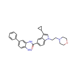 Nc1ccc(-c2ccccc2)cc1NC(=O)c1ccc2c(c1)c(C1CC1)cn2CCN1CCOCC1 ZINC000144677642