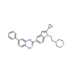 Nc1ccc(-c2ccccc2)cc1NC(=O)c1ccc2c(c1)cc(C1CC1)n2CCN1CCOCC1 ZINC000144450539