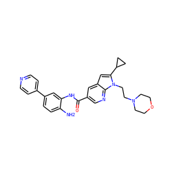 Nc1ccc(-c2ccncc2)cc1NC(=O)c1cnc2c(c1)cc(C1CC1)n2CCN1CCOCC1 ZINC000148221164