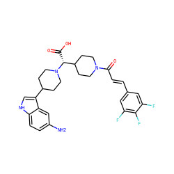 Nc1ccc2[nH]cc(C3CCN([C@H](C(=O)O)C4CCN(C(=O)/C=C/c5cc(F)c(F)c(F)c5)CC4)CC3)c2c1 ZINC000028824837