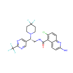 Nc1ccc2c(C(=O)NC[C@H](c3cnc(C(F)(F)F)nc3)N3CCC(F)(F)CC3)c(Cl)ccc2n1 ZINC000149136303