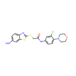 Nc1ccc2nc(SCC(=O)Nc3ccc(N4CCOCC4)c(Cl)c3)sc2c1 ZINC000002238395