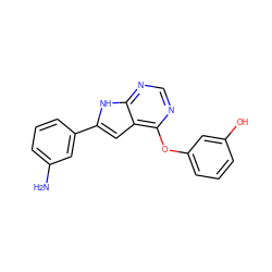 Nc1cccc(-c2cc3c(Oc4cccc(O)c4)ncnc3[nH]2)c1 ZINC000011757505