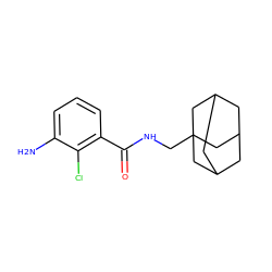 Nc1cccc(C(=O)NCC23CC4CC(CC(C4)C2)C3)c1Cl ZINC000013587524