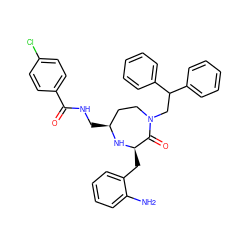 Nc1ccccc1C[C@H]1N[C@@H](CNC(=O)c2ccc(Cl)cc2)CCN(CC(c2ccccc2)c2ccccc2)C1=O ZINC001772580145