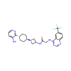 Nc1cccnc1[C@H]1CC[C@H](N2CC(NC(=O)CNc3ncnc4ccc(C(F)(F)F)cc34)C2)CC1 ZINC000149090384