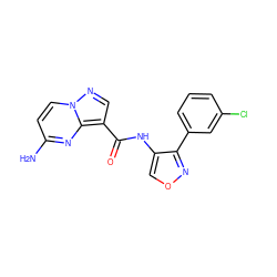 Nc1ccn2ncc(C(=O)Nc3conc3-c3cccc(Cl)c3)c2n1 ZINC000095575831