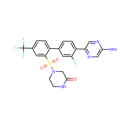 Nc1cnc(-c2ccc(-c3ccc(C(F)(F)F)cc3S(=O)(=O)N3CCNC(=O)C3)cc2F)cn1 ZINC000224720839