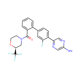Nc1cnc(-c2ccc(-c3ccccc3C(=O)N3CCO[C@H](C(F)(F)F)C3)cc2F)cn1 ZINC000224835460