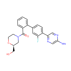 Nc1cnc(-c2ccc(-c3ccccc3C(=O)N3CCO[C@H](CO)C3)cc2F)cn1 ZINC000224776540