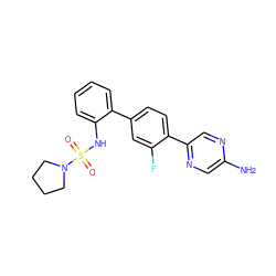 Nc1cnc(-c2ccc(-c3ccccc3NS(=O)(=O)N3CCCC3)cc2F)cn1 ZINC000224788897