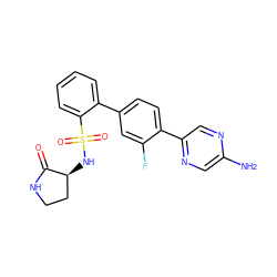 Nc1cnc(-c2ccc(-c3ccccc3S(=O)(=O)N[C@H]3CCNC3=O)cc2F)cn1 ZINC000212169703