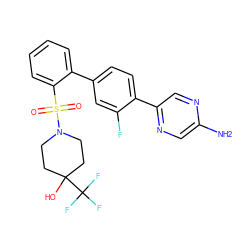 Nc1cnc(-c2ccc(-c3ccccc3S(=O)(=O)N3CCC(O)(C(F)(F)F)CC3)cc2F)cn1 ZINC000224811143