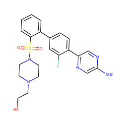 Nc1cnc(-c2ccc(-c3ccccc3S(=O)(=O)N3CCN(CCO)CC3)cc2F)cn1 ZINC000212128925