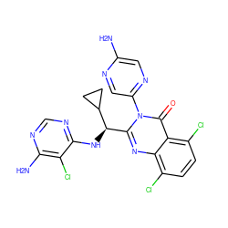 Nc1cnc(-n2c([C@@H](Nc3ncnc(N)c3Cl)C3CC3)nc3c(Cl)ccc(Cl)c3c2=O)cn1 ZINC001772621905