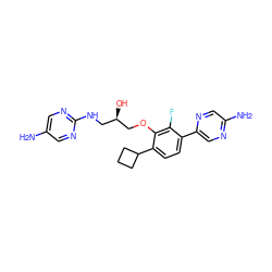 Nc1cnc(NC[C@@H](O)COc2c(C3CCC3)ccc(-c3cnc(N)cn3)c2F)nc1 ZINC000224578318