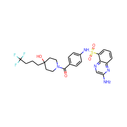 Nc1cnc2c(S(=O)(=O)Nc3ccc(C(=O)N4CCC(O)(CCCC(F)(F)F)CC4)cc3)cccc2n1 ZINC000217804141