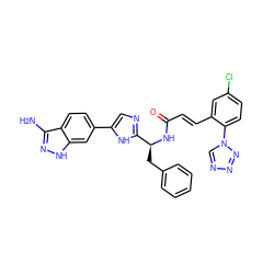 Nc1n[nH]c2cc(-c3cnc([C@H](Cc4ccccc4)NC(=O)/C=C/c4cc(Cl)ccc4-n4cnnn4)[nH]3)ccc12 ZINC000223776652